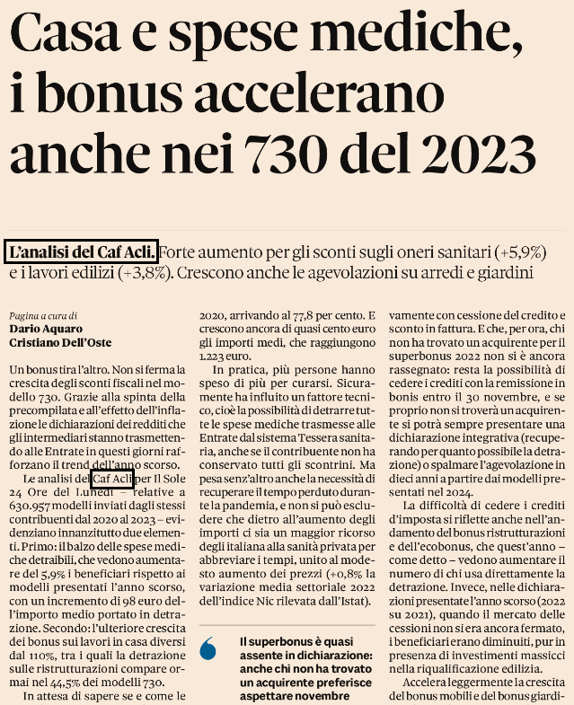 CAFACLI's tweet photo. Focus #CafAcli-@sole24ore su spese detraibili 730/23: in netta crescita oneri sanitari e ristrutturazioni; assenza totale del #Superbonus per cui si sono preferiti cessioni/sconti; calo dei mutui, lieve crescita di spese scolastiche e sportive; @EnricoBagozzi @darioqq @c_delloste https://t.co/r3x3plAPZW