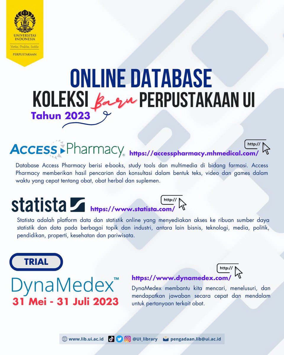 UI_library's tweet image. Halo Libtizen!

Berikut kami sampaikan informasi mengenai online database yang sedang dalam masa uji coba akses di Universitas Indonesia. Silakan dimanfaatkan secara maksimal yaa! Siapa tahu di tahun mendatang akan dilanggan secara penuh 😉
#uilibupdate
#uilibinfo
#PerpustakaanUI