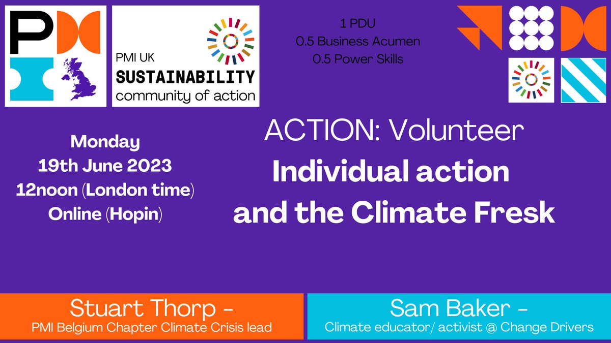 Join us today at 12pm. Sam Baker will be giving a short introduction on what the Climate Fresk is and how we could get involved.  Stuart Thorp will also be giving a short talk on how we can contribute to the UN SDGs as individuals.

Register here pmiuk.info/climatefresk19…