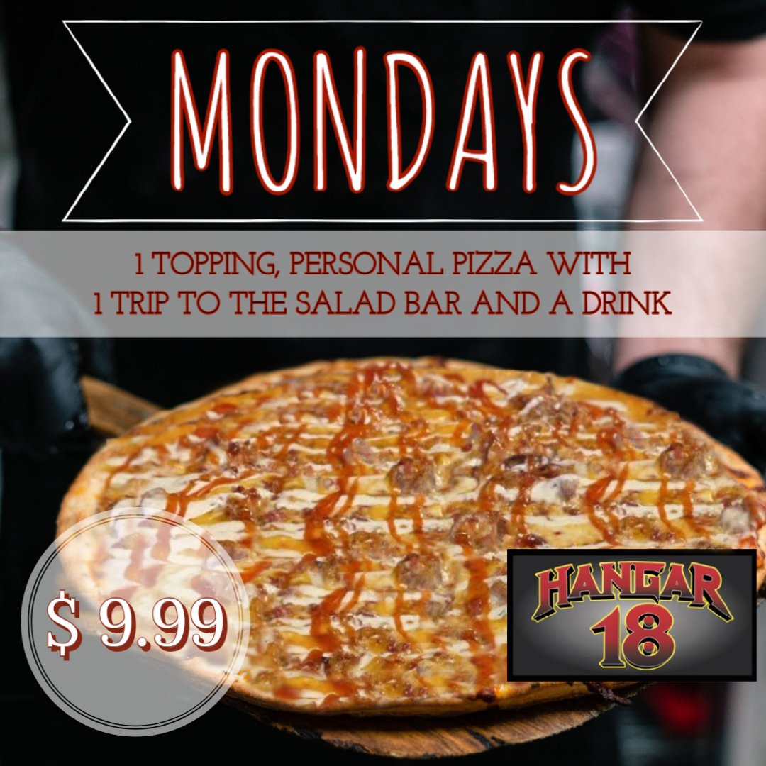 Looking for a delicious way to start your week? Check out Hangar18's Monday Pizza Special! All day every Monday, you can enjoy some of the best pizza around at a great price. Don't miss out on this tasty deal! #Hangar18 #RockNVodka