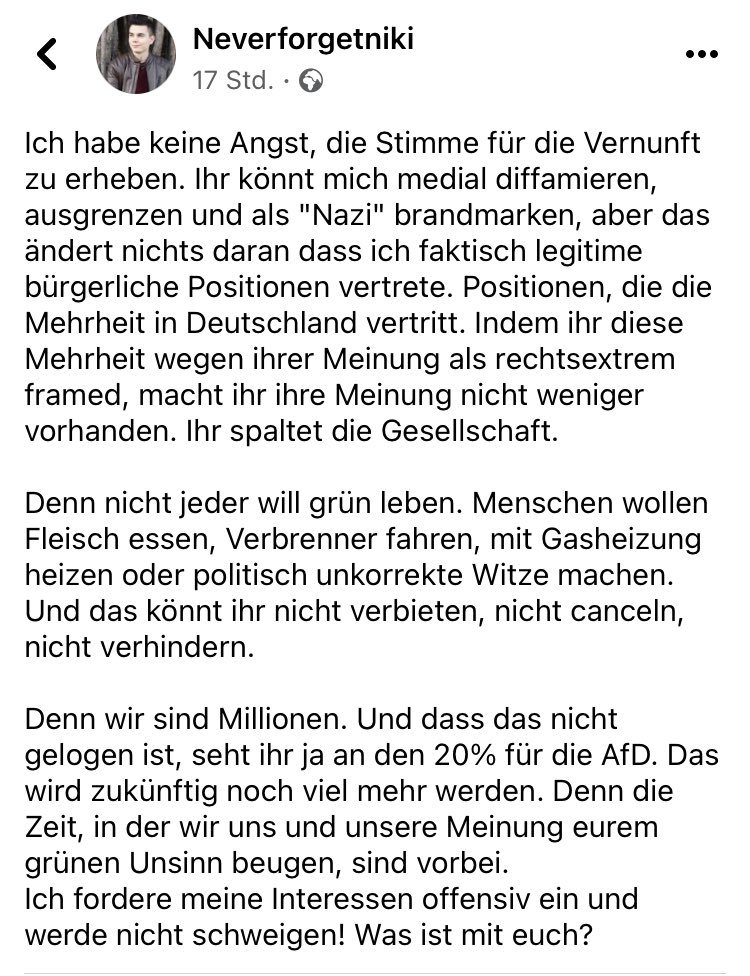 Die Mehrheit der Deutschen? 
Die Mehrheit ist aber 80% die euch nicht wählen du Dummbatz. Der Rest des Textes ist AFD Propaganda .
Mit den 20% könnt ihr euch den Arsch wischen #nikitheblogger 
Denn wir sind MEHR Millionen ☝🏼
#fckafd #SchikiNiki #NikiLügt