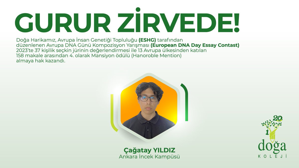 Ankara İncek Kampüsü öğrencimiz Çağatay Yıldız, Avrupa İnsan Genetiği Topluluğu (ESHG) tarafından düzenlenen Avrupa DNA Günü Kompozisyon Yarışması (European DNA Day Essay Contast) 2023’te 4. olarak Mansiyon ödülünü almaya hak kazandı. Tebrik eder, başarılarının devamını dileriz.