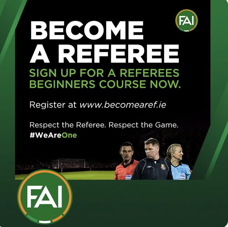 FREE Beginner Referees Courses in Cork this July!

West Cork (Bantry)
24/25 July 2023
faiconnect.ie/mycomet/privat…

Cork (Turner’s Cross)
26/27 July 2023
faiconnect.ie/mycomet/privat…

Cork (College Corinthians) Female Only 
Sunday 30th July 2023
faiconnect.ie/mycomet/privat…