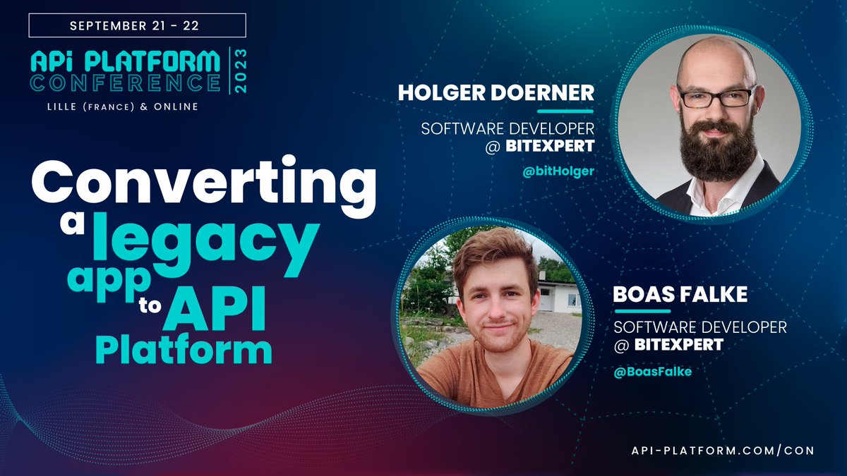 ApiPlatform's tweet photo. [Meet our speakers] @BoasFalke and @bitHolger from @bitExpert will come all the way from Germany to share to our audience how they used @ApiPlatform to modernize a legacy app.

🇺🇸 This talk is given in English. Secure your seat now: https://t.co/5XgVZY07Xt https://t.co/Zf8EwMbrPh
