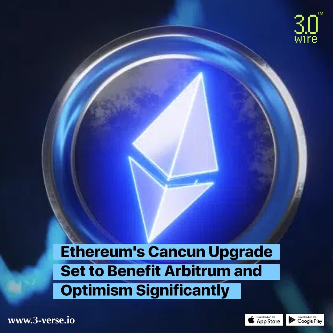 3wireofficial's tweet photo. The upcoming Ethereum upgrade Cancun/Deneb will greatly benefit layer-2 rollup technologies like Arbitrum and Optimism, thanks to the implementation of EIP 4844.
.
.
#real3verse #3verse #wire #Ethereum #ETH #upgrade #layer2 #Arbitrum #Optimism #Crypto #CryptocurrencyNews https://t.co/UHr1ujHfaL