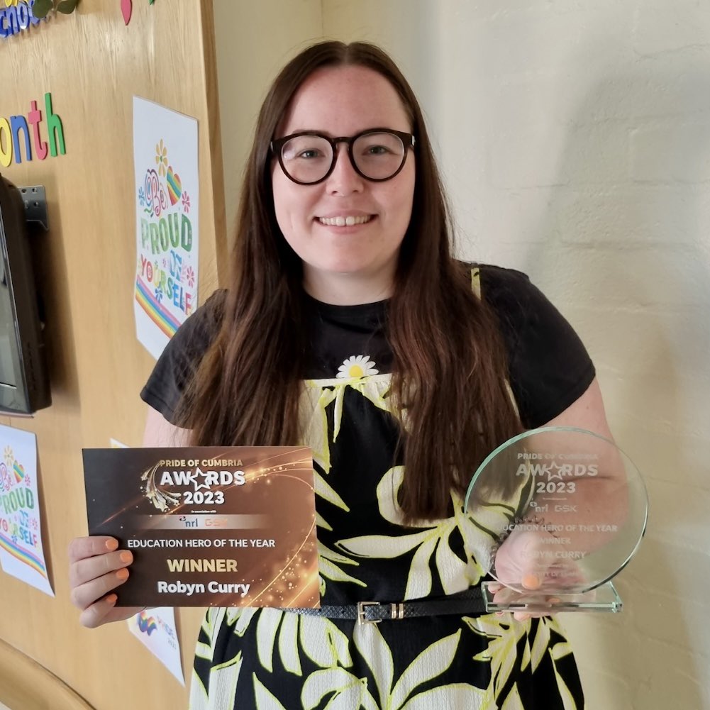 Robyn Curry, a TA <a href="/RennieSchool/">James Rennie School</a> in Carlisle has won this year's #PrideOfCumbria 'Education Hero' Award'. Nominated by a parent because 'she doesn’t leave her work at the school gates' and 'has a fantastic bond with children at the school.' We are all very proud of you Robyn!