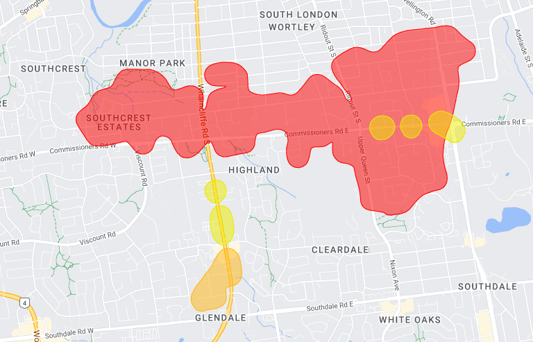 London Hydro is reporting a large power outage in southwest London. An expected restoration time has not been provided. Treat impacted intersections as four-way stops. #ldnont