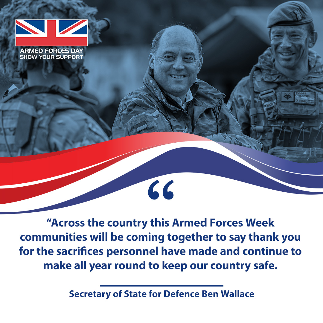 From serving sailors, soldiers and aviators to service families, veterans and cadets – Armed Forces Week is your chance to show your support to the entire Armed Forces community. Defence Secretary @BWallaceMP on why we #SaluteOurForces this week.