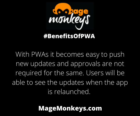 magemonkeys's tweet photo. Seamless and silent updates for your #eCommerce app. Read more: https://t.co/YwZpDNGtoh… #BenefitsOfPWA #PWA https://t.co/Cv7dPbskrR