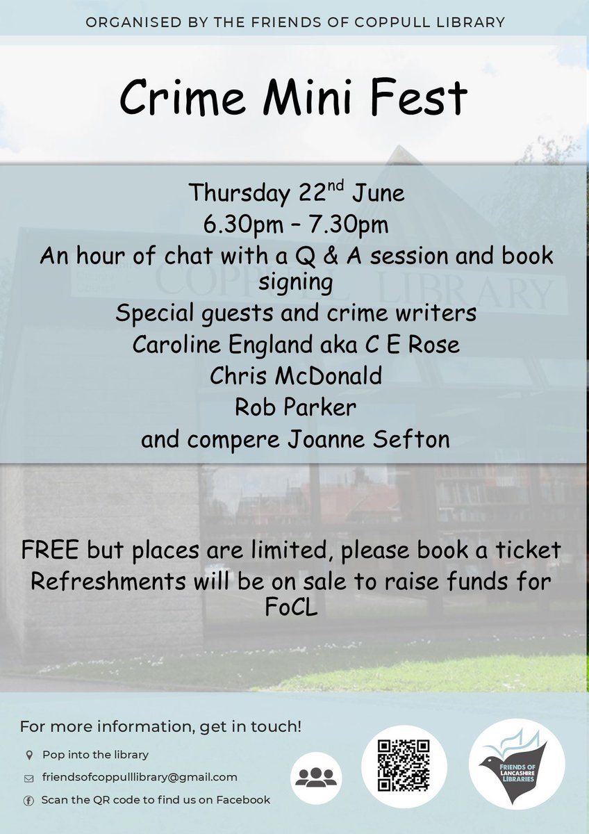 Any #bookworms #readingcommunity #WritingCommmunity in the Lancs area Thurs evening? 

There’s a FREE event at #CoppullLibrary where Chris, Rob, Joanne & I will be discussing #books #CrimeFiction #writing #publishing 
Come and ask us a tricky question or #PickUpAPageTurner! 😉 📚