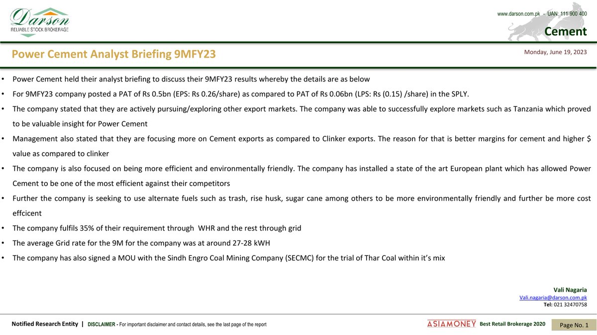 DarsonUpdates's tweet image. Cement Update!
Power Cement Analyst Briefing 9MFY23!

19 | June | 2023 | Monday
Darson Securities Limited
darson.com.pk

WhatsApp +92 300 2444787
UAN: 111-900-400
Email: info@darson.com.pk

#CementUpdate #PowerCementAnalystBriefing #9MFY23 #research #researcher #updates