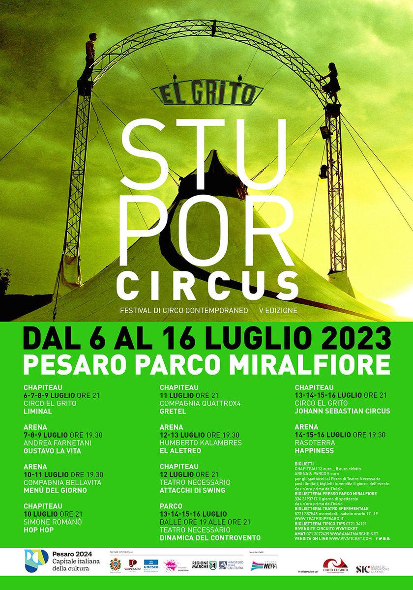 Dal 6 al 16 luglio si rinnova a Pesaro l’atteso appuntamento con
STUPOR CIRCUS 2023, il circo contemporaneo come non lo avete mai visto!
info e biglietti —> t.ly/ypVm
