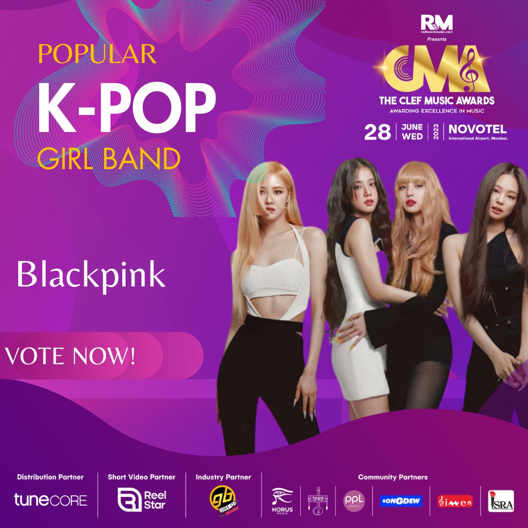 Vote now for @BLACKPINK Popular K-Pop Girl Band for The Clef Music Awards 2023! @radioandmusic 

Voting Link: radioandmusic.com/clefmusicaward…

For More Info: radioandmusic.com/clefmusicaward…

#CMA2023 #ClefMusicAwards2023