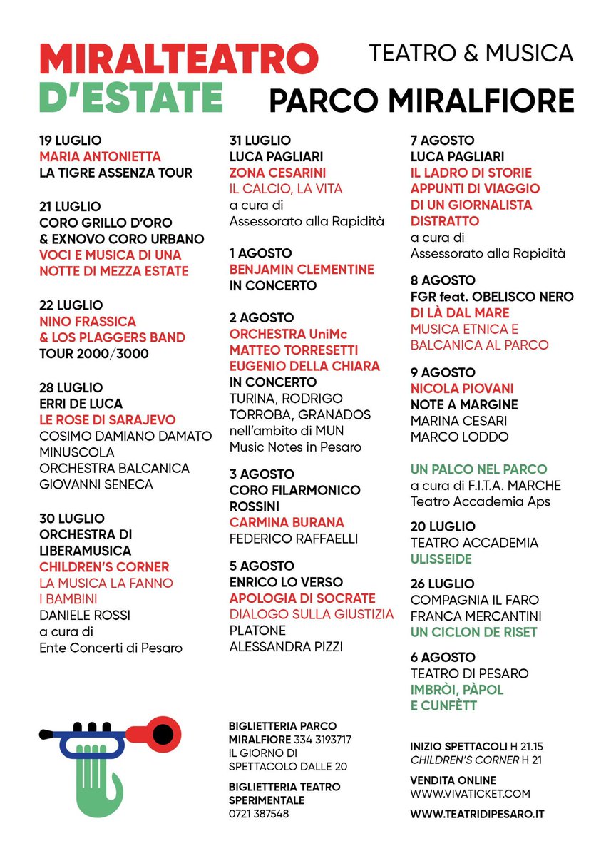 MIRALTEATRO D’ESTATE 2023
Dal 19 luglio al 9 agosto, 15 serate di spettacolo: Teatro e musica al Parco Miralfiore di Pesaro per la quarta edizione della rassegna nell’anfiteatro dello splendido parco cittadino.
info e programma —> t.ly/C-uq