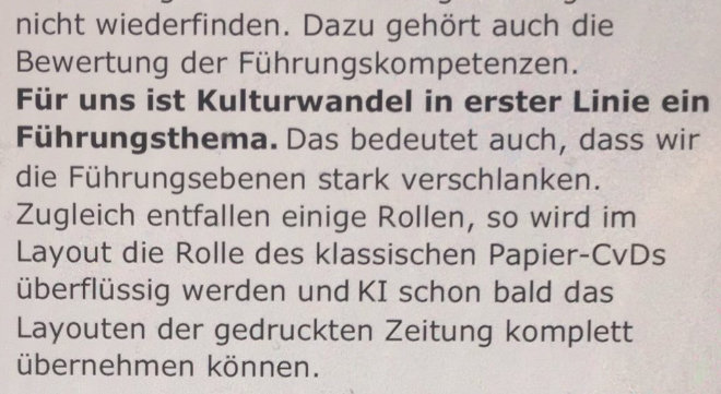 Schon irre: <a href="/BILD/">BILD</a> wird das erste deutsche Medium, das derart konsequent seine Leute durch Künstliche Intelligenz ersetzt. Die Rolle des Papier-CvDs? Wird „überflüssig“, die KI layoutet alleine. Ob das mal nicht noch böse endet. 🤔

(Quelle: Interne Mail zum Stellenabbau)