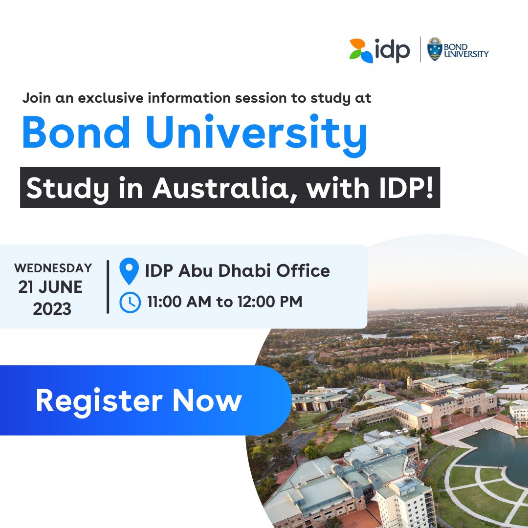 📢 Meet Bond University at IDP Abu Dhabi!

📌 REGISTER NOW: bit.ly/3NC5sbx
--
#idpeduuae #bonduniversity #idpstudyabroad #studyabroad #studyaustralia #university