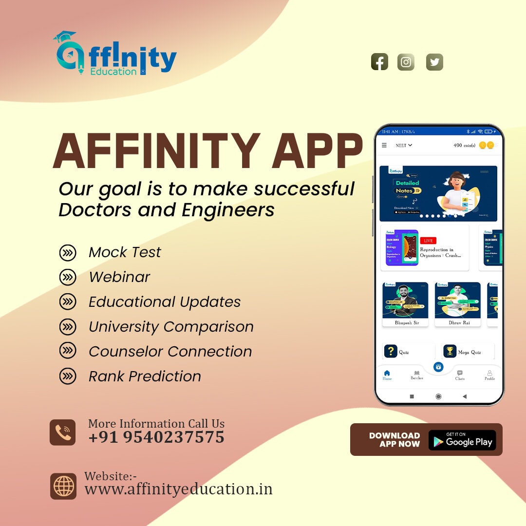 Our Goal is to make successful Doctors and Engineers :
Mock Test 🎯
Webinar 📚
Educational Updates📍 
University Comparison🚀

#AffinityApp #StudyCompanion #AcademicSuccess #RankPredictor #PersonalizedLearning #ExamPreparation #MBBSAbroad #EnglishLanguageTraining