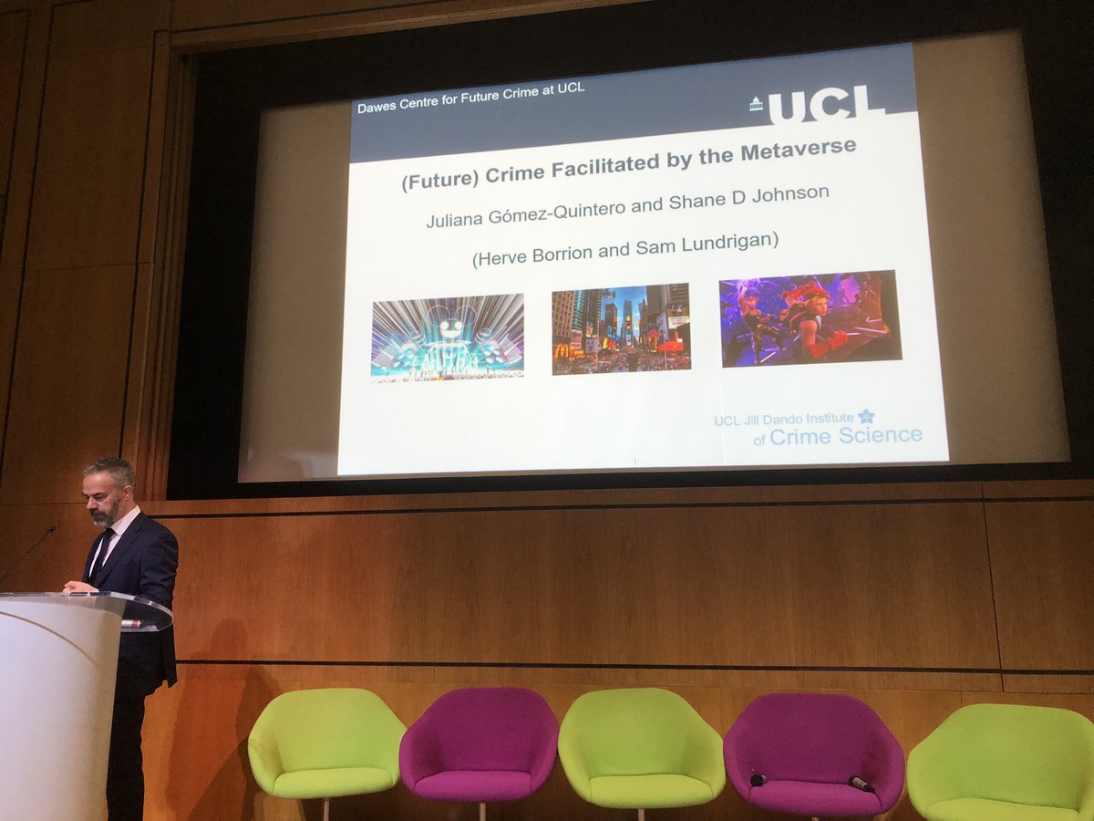 LorenzoPasculli's tweet image. Professor Shane Johnson and @JGomezQuintero now presenting their research on future crimes of the #metaverse at @UCLCrimeScience ‘s #icsc2023