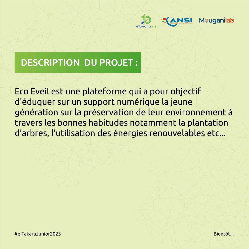 eTakaraJunior's tweet photo. #flashbackETakaraJunior

Moubarek Mamadou Goni nous propose son projet Eco Eveil qui est une plateforme d’éducation numérique sur l’environnement pour les jeunes générations

Bientot E-Takara Junior 2023 https://t.co/V9bn81T8GZ