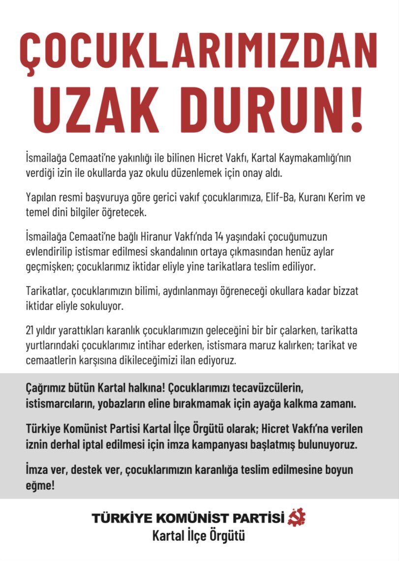 Çağrımızdır, zaman çocuklarımızı istismarcıların, yobazların ellerine bırakmamak için ayağa kalkma zamanıdır. 
Sen de imza ver çocuklarımızın karanlığa teslim edilmesine boyun eğme.