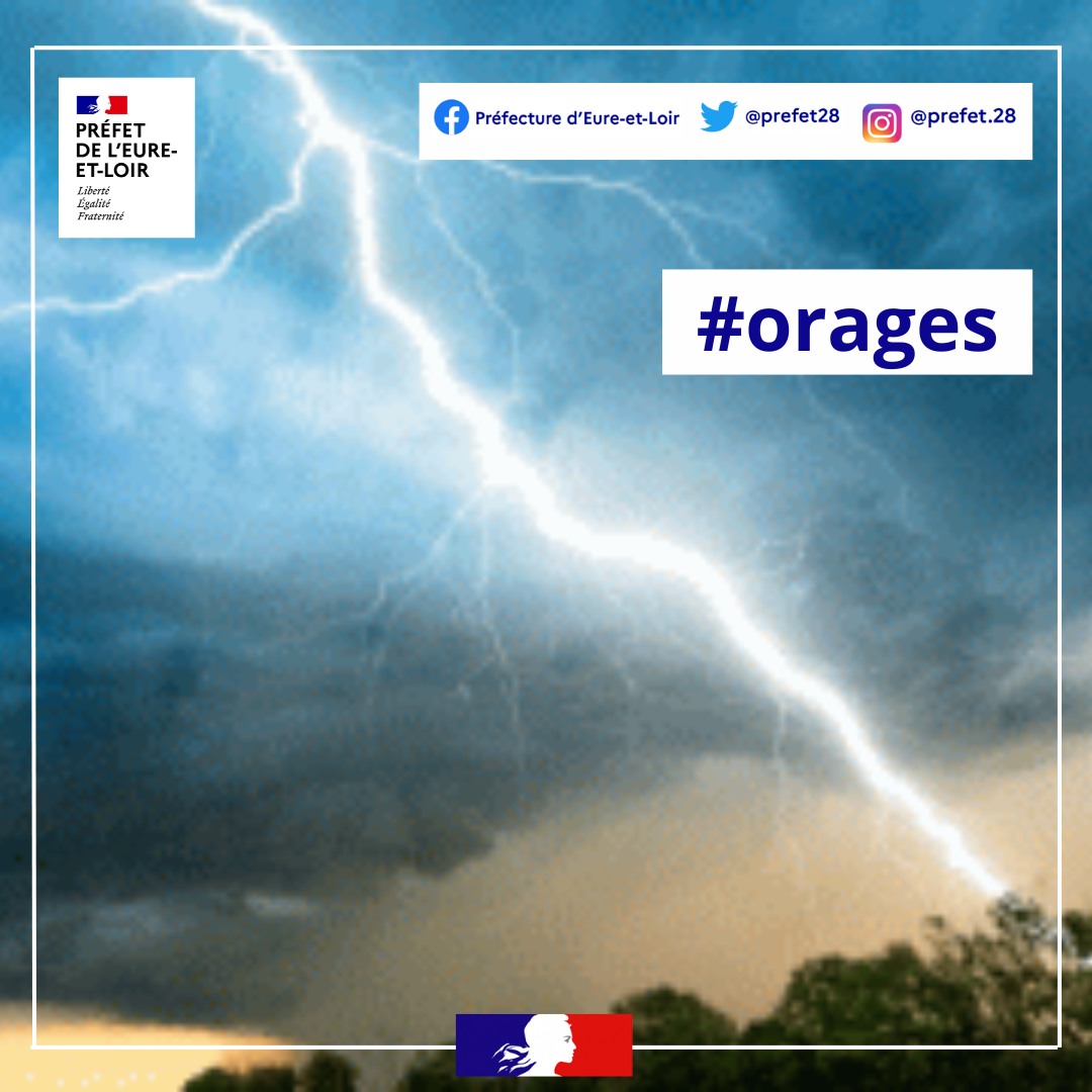 [INFO MÉTÉO]
📷 L’#EureetLoir est placé par Météo France en situation météorologique à surveiller pour un risque d’#orages
De 12h00 à 23h00 risque :
📷 d'orages
📷 de fortes intensités pluvieuses
📷 de chutes de grêle
📷 de rafales de vent
📷 Plus d'infos: vigilance.meteofrance.com
