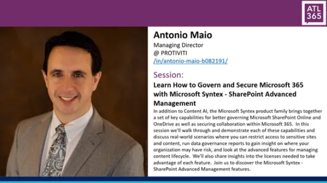 Join me TODAY at 6pm ET with the #ATL365 Atlanta <a href="/SharePoint/">Microsoft SharePoint</a> &amp; <a href="/Microsoft365/">Microsoft 365</a> Meetup group for my virtual session:
Learn how to Govern &amp; Secure Microsoft 365 with Microsoft Syntex - SharePoint Advanced Management (SAM)'. 
meetup.com/atlanta-sharep…