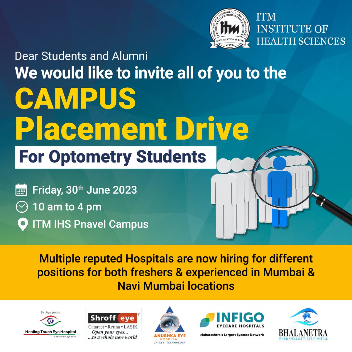 Unlock Your Future: Join Our Placement Drive!
.
.
.
.
#iamitm #itmihs #placementdrive #students #placement #future #optometry #multiplecompanies #hospital #science #healthscience #hiring #experienced #freshers #healthcare #campusplacement #alumni #interview