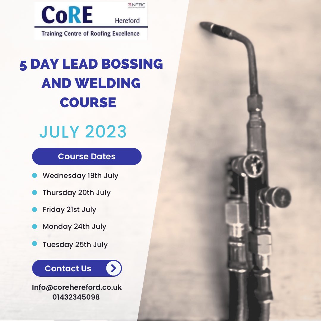 🛠️JULY - 5 day lead bossing and welding course 🛠️

Please get in touch for more details or to book a place on the course.

info@corehereford.co.uk