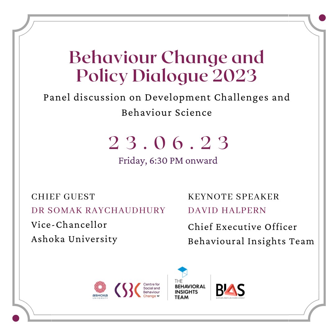 Join us for our upcoming #CSBCcolloquium, ‘Behaviour Change and Policy Dialogue 2023’, jointly organised by CSBC, Behavioural Insights Team (BIT), and Behavioural Insights, Architecture &amp; Strategy (BIAS).

🗓️23 June
📍Eros Hotel, New Delhi

Register here bit.ly/467OgSh