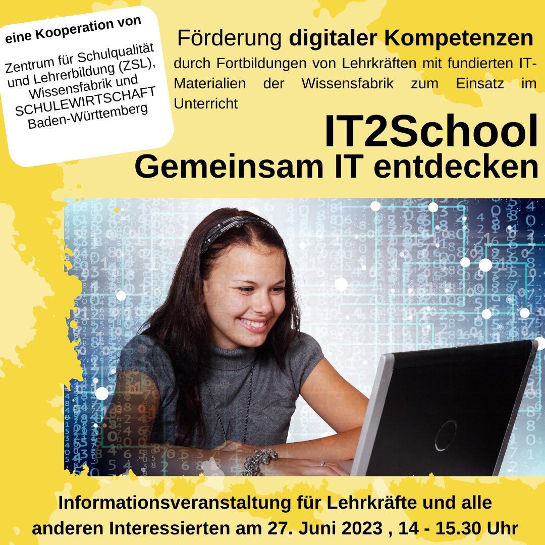 📢Ab dem Schuljahr 2023/2024 können #Schulen in @thelaend mit #IT2School neue Materialien &amp; Unterrichtskonzepte rund um IT &amp; KI kennenlernen. 🙏 an ZSL i.A. von <a href="/KM_BW/">Kultusministerium BW</a> &amp; <a href="/WissensfabrikDE/">Wissensfabrik</a> für die Kooperation! 
Infoveranst. am 27.06. 👉bit.ly/43MK3SC 
#twlz #edubw @eduMINT