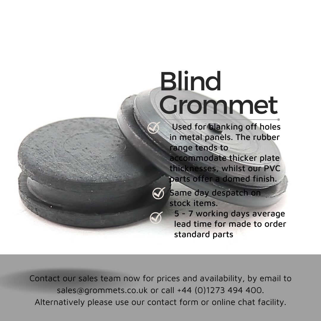 We are manufacturers of rubber Grommets and PVC stockists.
A Grommet is a ‘ring’ inserted into a hole through material. They are flared or collared on each side to keep them in place. There are 3 types, here is our Blind Grommet.

grommets.co.uk

#RubberProducts #UKMfg