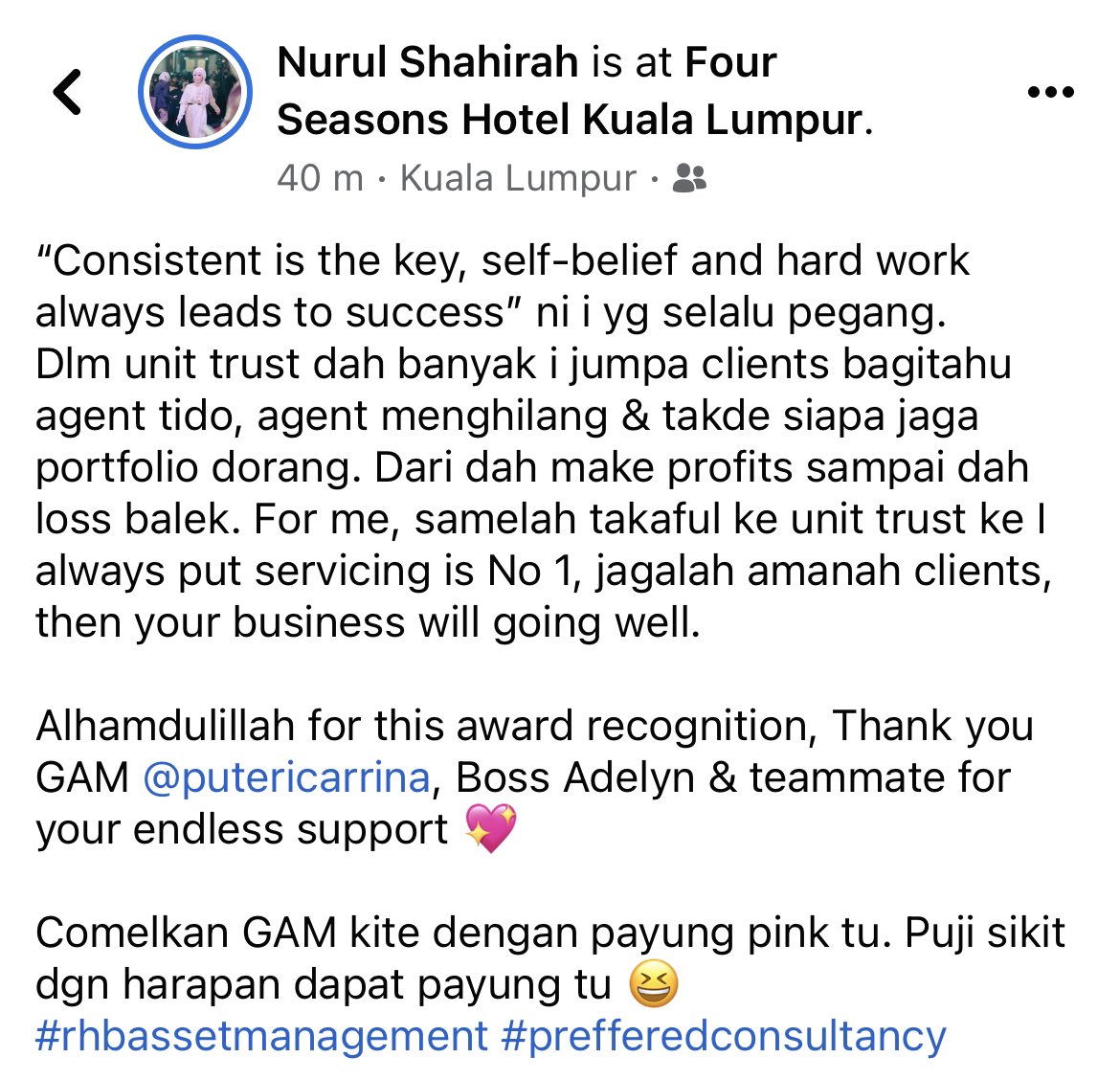 syerotsyira's tweet photo. Bila jadi multi financial products representative ni is not easy but for me just do the right thing, the rest let Allah do, rezeki Dia luas, tak kira kerja apa yg kita buat sekalipun. #unittrust #insurans #takaful #qualitybusiness #proactiveagent https://t.co/ijRrt2J6pl