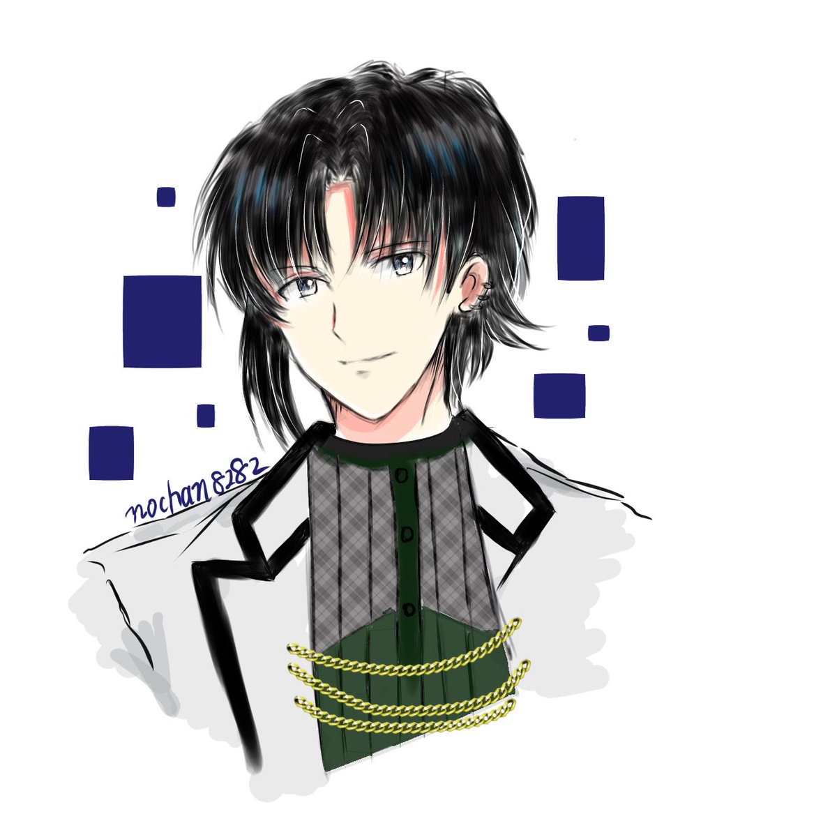 1boy male focus black hair solo smile looking at viewer grey eyes  illustration images