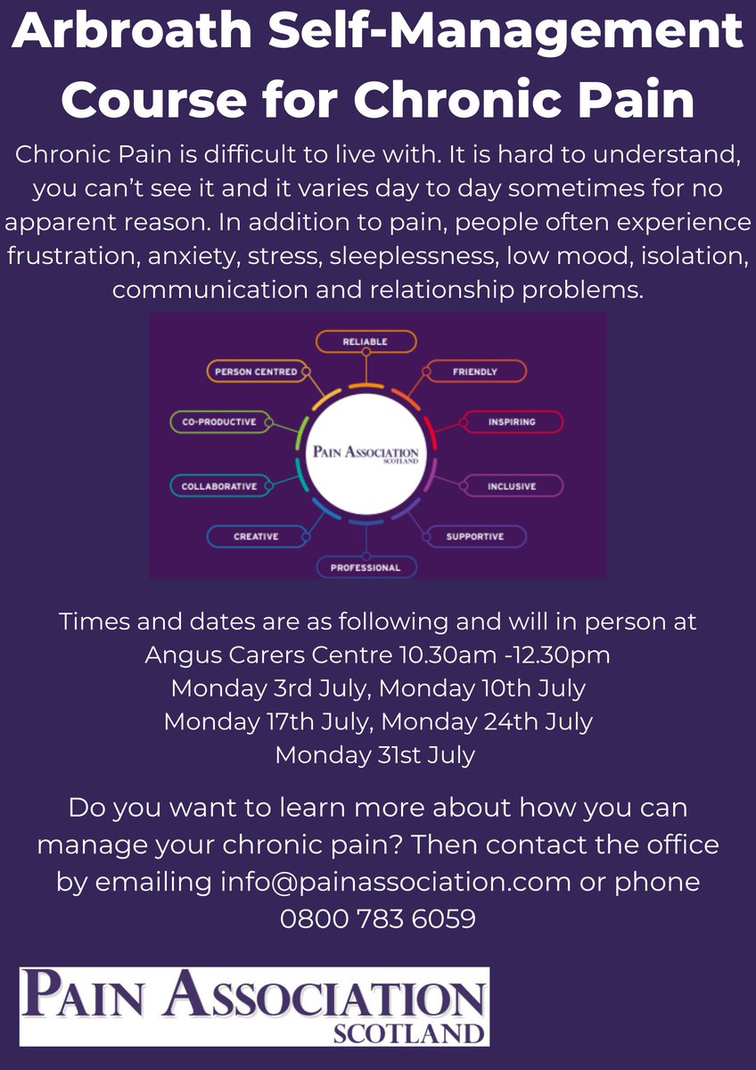 5 Week Self-Management Course in #Arbroath starts soon. 

More info 👇👇

🔗👉 bit.ly/45UTD7a

#Selfmanagement #Chronicpain 

@SoniaCottom @AngusCouncil  @NHSTayside   @AngusHSCP  @volactionangus  @AngusCarers  @ScotCLWnetwork