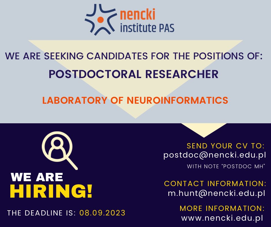 📣We are #hiring!

Position: 𝐏𝐨𝐬𝐭𝐝𝐨𝐜𝐭𝐨𝐫𝐚𝐥 𝐑𝐞𝐬𝐞𝐚𝐫𝐜𝐡𝐞𝐫 at Laboratory of Neuroinformatics

Field of science:  Neurophysiology

OPUS21 “Integration of sensory and cortical input in the generation of ketamine-dependent high-frequency oscillations in rodents.”