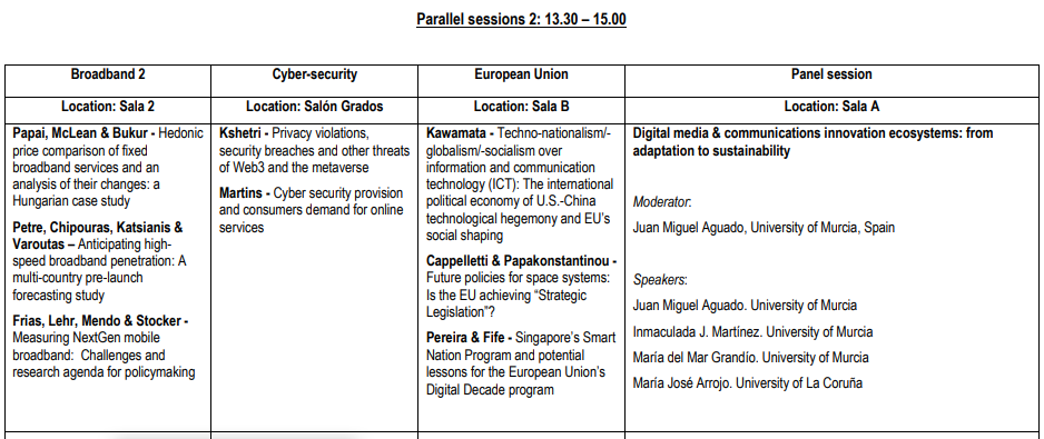 At #ITSEurope23, we're back after lunch for another round of parallel sessions (13.30 - 15.00)

📶 #Broadband (Sala 2)
🔏 #Cybersecurity (Salón Grados)
🇪🇺 European Union (Sala B)
📺 Panel on #sustainability of #DigitalMedia &amp; communications innovation ecosystems (Sala A)