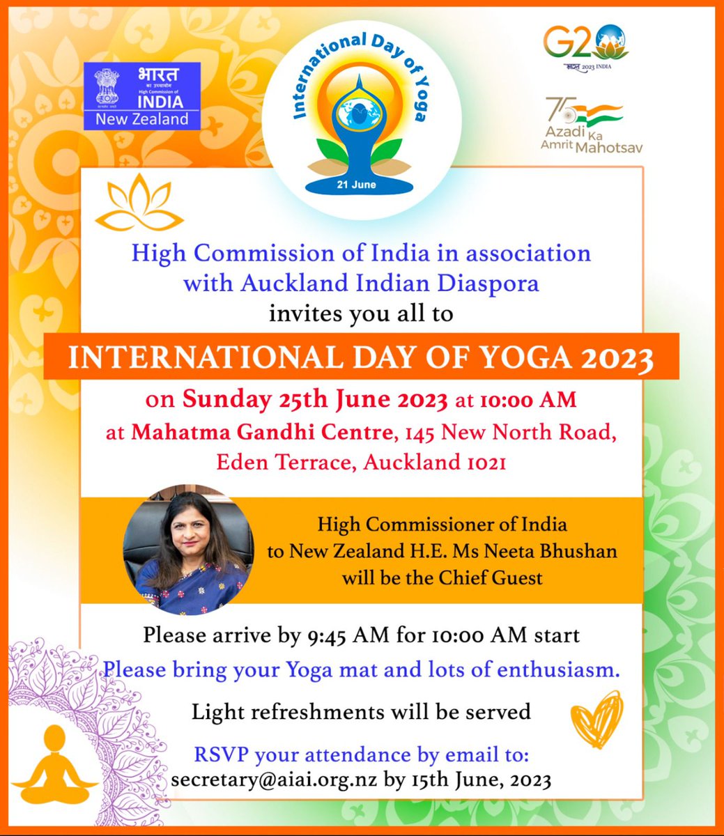 Celebrate #InternationalYogaDay with hundreds of enthusiastic locals at Mahatma Gandhi Centre in Auckland this Sunday..details below
@IndiainNZ @BhavDhillonnz @AcklIndianInc @KasugantiK @RaniNalam @indianweekender @sunilkaushalnz @telangana_new @NzTelangana @indiannews_nz