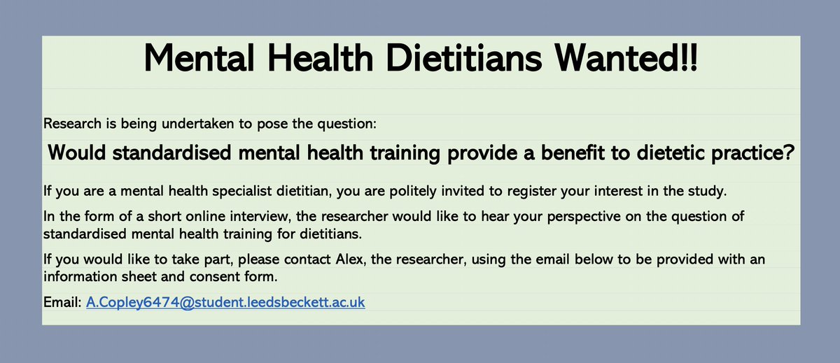 Research Participants Wanted!  If you would like to take part, please contact the researcher on the details below to be provided with an information sheet and consent form.  

Email: A.Copley6474@student.leedsbeckett.ac.uk

<a href="/AlexCopley1402/">Alex Copley</a>