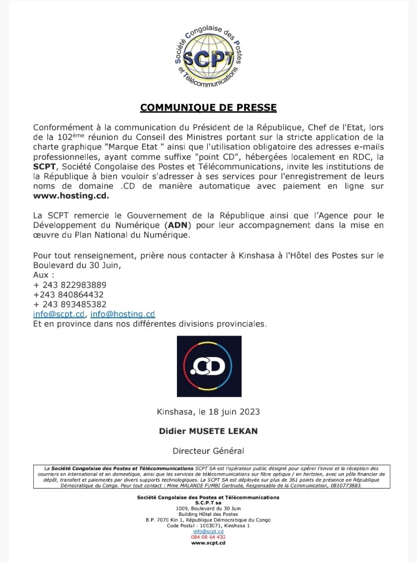 Si vous êtes une institution publique de la #RDC, vous avez desormais l'obligation d'utiliser les adresses email professionnelles avec le domaine .CD
Rdv sur hosting.cd 
#Digitalisationenmarche