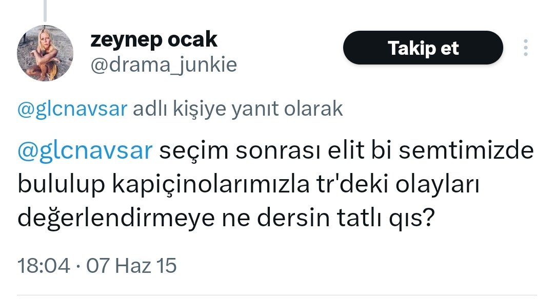 @dw_turkce Yapmak istemiş, yapmış. Her şey Zeynep Ocak hanımın istediği gibi olmuş, sorun ne? Hala canı sıkılıyorsa şöyle denize doğru var gücüyle YAE diye bağırsın işte, ne bileyim.