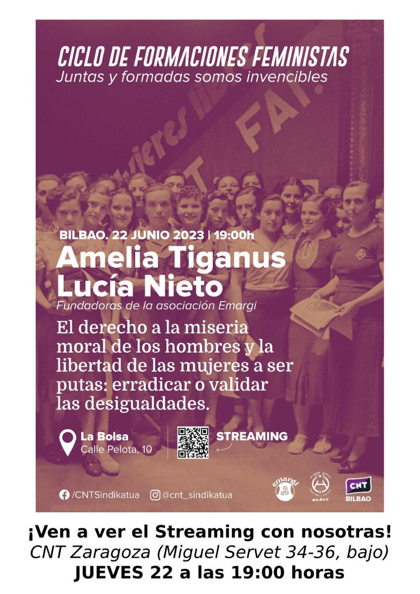 CNT_Zaragoza's tweet photo. 📢Este jueves a las 19h, ¡ven a ver el streaming con nosotras! Charla de Amelia Tiganus y Lucía Nieto, fundadoras de Emargi y organizada por Mujeres Libres y CNT Bilbao.
#AmeliaTiganus #lucianieto #emargi #mujereslibres #erradicacionprostitucion #cntzaragoza https://t.co/SAC99fPxbW