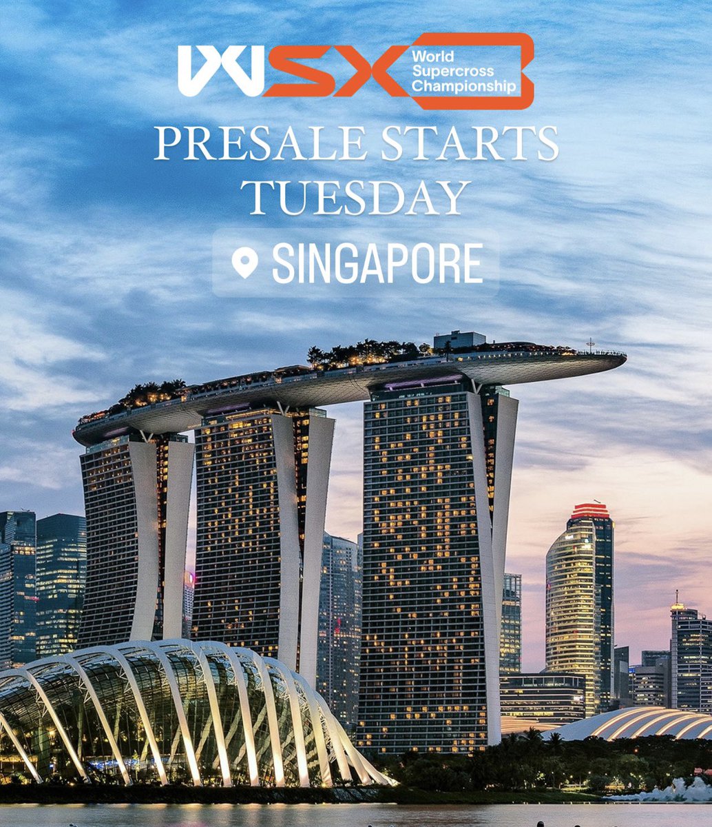 FIMWSX's tweet photo. 🇸🇬 SINGAPORE PRESALE starts this TUESDAY! Register here at - https://t.co/dJp9CA0wMZ

Registering will get you:
- Early access to booking seats
- Event news and details
- Event schedules 
& many more unique offers 

FIM World Supercross Championship
Round 3 🇸🇬 SINGAPORE, National Stadium, Kallang. 🗓️ Saturday, 30th September 2023

#SingaporeGP #WSX #Supercross