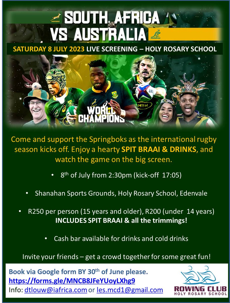HRS Rowing Club is hosting a rugby live screening on Saturday, 8 July.
Please come and support their fundraiser.
Book your tickets forms.gle/MNCB8JFeYUoyLX…