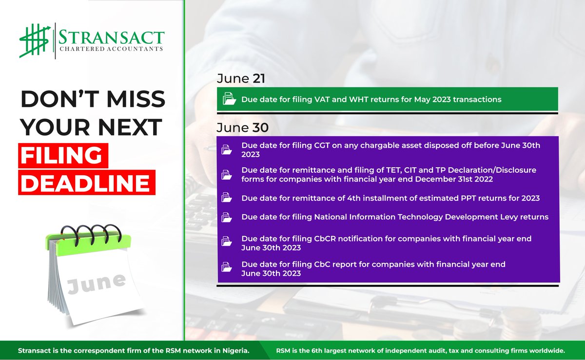 StransactNG's tweet image. Upcoming filing deadlines in June 2023. Ensure to stay compliant #FilingTaxes #FilingDeadline

#Stransact #Tax #Audit #Accounting #Consulting #HR #Nigeria #GrowthMindset