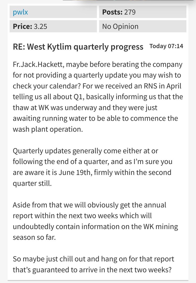 EURASIA MINING PLC

#EUA @eurasiamining LSE BB

pwix is another moniker for the Young 'un. Aka Dr Diversity here in the Birdcage, too. If you look carefully at the RNSs, you'll see that water supply (not seasonal) is an issue for maintaining 3 washplants. That's why they >>>