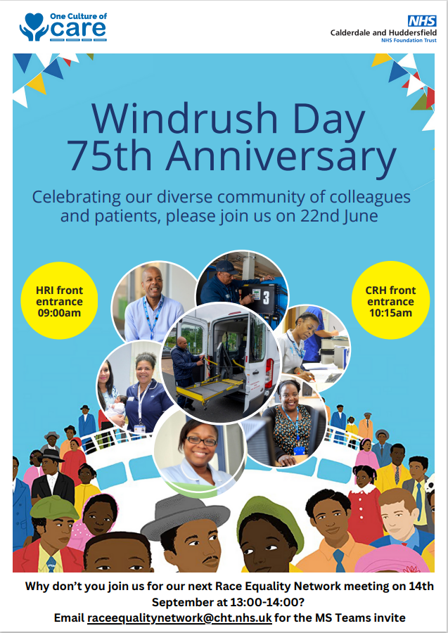 RENCHFT's tweet photo. This Thursday we will be commemorating the 75th Windrush Anniversary across HRI (9am) and CRH (10:15am)- Join us as we raise our flags. There will also be a bespoke menu! #Windrush75 #CHFT #OCOC https://t.co/CRcpJ2xXkp