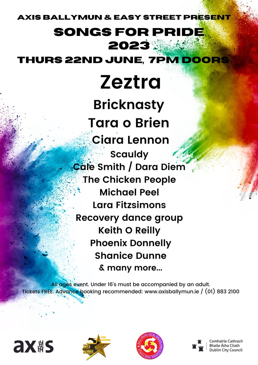 This Thursday!

The creative community celebration returns! 'Songs for Pride' comes to the axis Thursday the 22nd of June, just before Dublin LGBTQ Pride weekend, and look at these bunch of legends.  

This all-ages gig is FREE to attend.