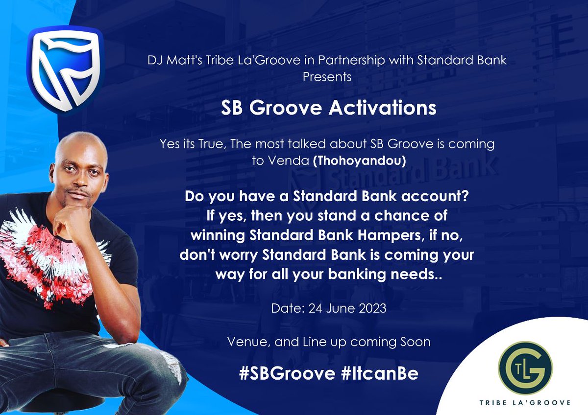 <a href="/Tribelagroove/">tribelagroove</a> <a href="/MsKulie/">DYI BADDIE 🎶</a> <a href="/Ticoliphadzi/">Tico Liphadzi</a> Let's meet up at Venda Plaza Thohoyandou 24 June 2023 for our #SBGroove Activation, We will be having More Games, Prizes and entertainment, We be opening Standard Bank Accounts, bring your card and be part of us.
