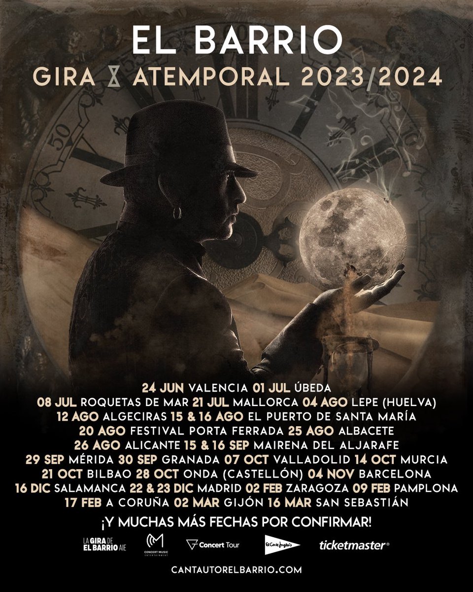 Nueva fecha confirmada para la gira Atemporal ⏳ de El Barrio: Lepe (Huelva) el 4 de agosto 💥. Entradas a la venta en El Corte Inglés el 21 de junio a las 12:00h.

Consulta todas las fechas y ciudades confirmadas hasta ahora y consigue tus entradas en cantautorelbarrio.com