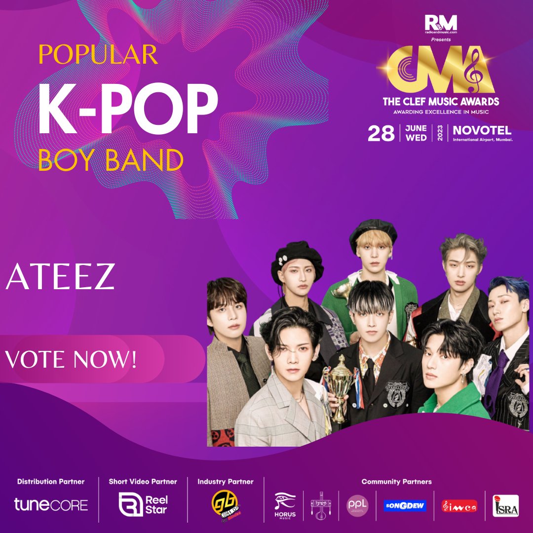 Vote now for @ATEEZofficial  Popular K-Pop Boy Band for The Clef Music Awards 2023! @ITVNewz 

Voting Link : radioandmusic.com/clefmusicaward…

For More Info: radioandmusic.com/clefmusicaward…

#CMA2023 #ClefMusicAwards2023